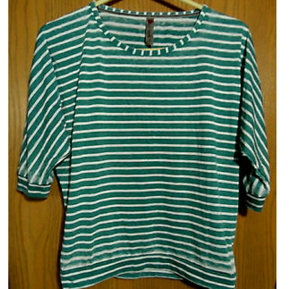 LUV 4 ANOUKA Designer T-shirt S Teal White stripe Destroyed Vintage look Dolman